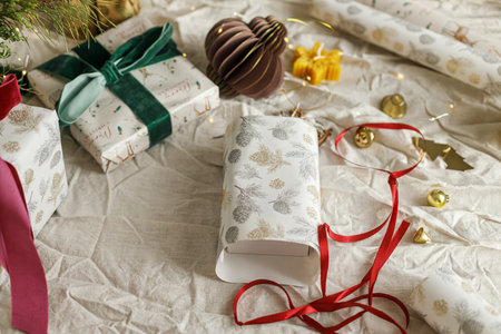 Wrapping stylish christmas gift, winter holidays preparation. Modern wrapping paper, ribbons and stylish ornaments on table with linen cloth.Details of festive decorationsの写真素材