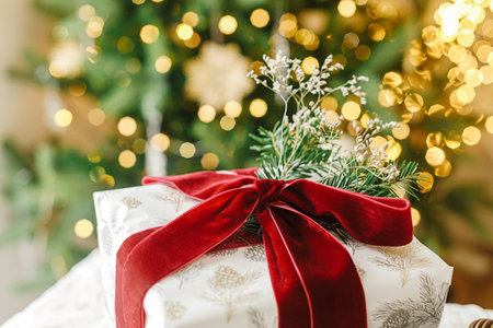 Merry Christmas and Happy Holidays. Stylish christmas gift box with red ribbon and spruce branch on background of decorated christmas tree with golden light. Modern Christmas presentの写真素材