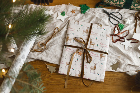 Merry Christmas! Stylish christmas gift flat lay, modern paper ornaments and pine branches on rustic...