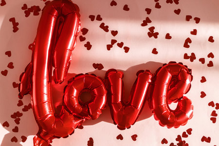 Valentines flat lay. Stylish red love shaped balloon and red hearts confetti on pink background in sunlight. Happy valentines day. Love bannerの写真素材