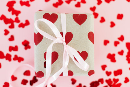 Valentines flat lay. Stylish gift box with red hearts and pink bow on pink background. Happy...