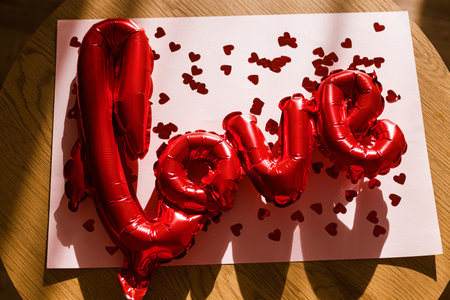 Valentines flat lay. Stylish red love shaped balloon and red hearts confetti on pink background in sunlight. Happy valentines day. Love bannerの写真素材