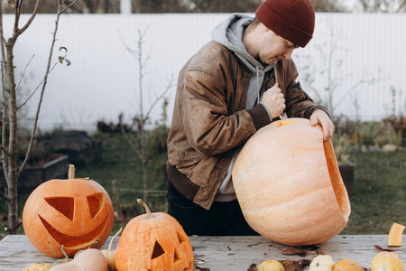 Stylish man carving halloween pumpkin on rustic wooden table in autumn garden. Fall harvest. Cutting pumpkin, making a jack o lantern. Halloween preparation