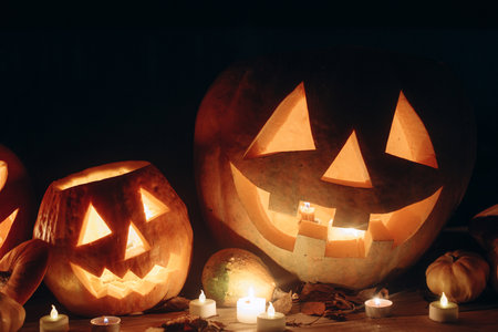 Happy Halloween. Jack o lantern glowing pumpkins with candles on rustic table in dark scary garden....