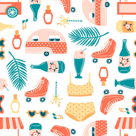 Summer vacation seamless pattern on white. Ice cream cart, palm leaf, sunglasses, musical notes,...