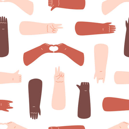 Different skin color hands, gestures seamless pattern on white. Flat  illustration in cartoon style.のイラスト素材