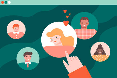 Dating, relationship website with round avatars on colorful background. Hand touching screen interface. Person looking for love partner. Social media concept. Flat cartoon vector illustration.のイラスト素材
