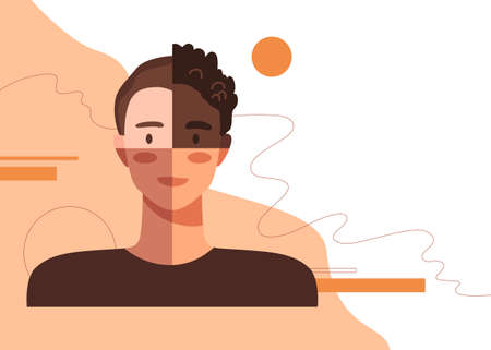 Male portrait with different colors of skin showing unity. Vector illustration in flat style....