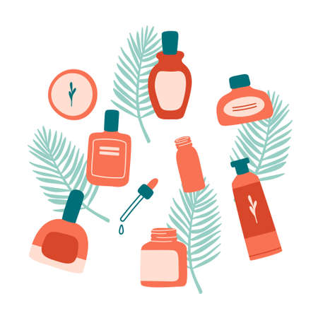 Hand drawn natural organic hygiene products in bottles and jars for skin care, palm leaves on white background. Flat cartoon  illustration. Eco vegan products - cream, serum, lotion.のイラスト素材