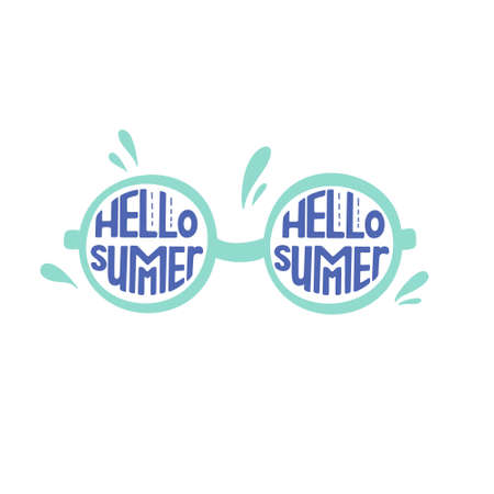 Sun glasses with lettering and abstract elements isolated on white background. Hello summer quote. Hand drawn cartoon vector illustration.のイラスト素材