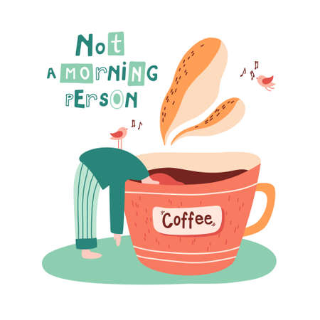 A girl submerging to a mug of hot coffee surrounded by chirping birds. Not a morning person concept. Sleep disorders. Hand drawn flat cartoon vector illustration.のイラスト素材