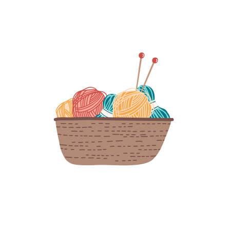 Hand drawn woven basket with yarn and knitting needles isolated on white. Various balls of yarn for knitting. Hobby, home activity concept. Flat vector illustration in cartoon style.のイラスト素材