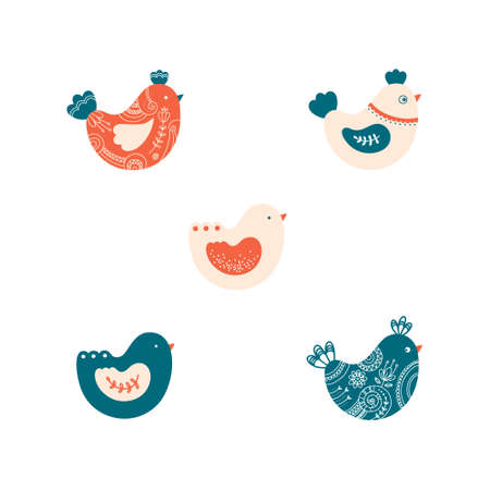 Collection of folk birds with floral and abstract ornaments isolated on white background. Decorative elements for Easter, card, poster, design. Spring and Easter concept.のイラスト素材