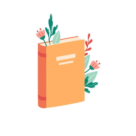 Flowers and leaves between pages of book isolated on white background. Reading, spring, world book day concept. Vector illustration.のイラスト素材
