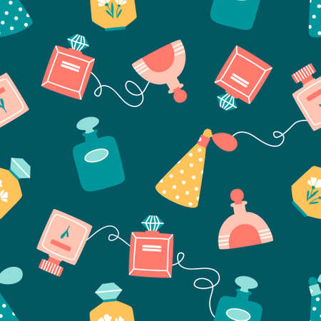 Perfume bottles and doodle lines seamless pattern on blue green background. Hand drawn flat vector illustration in cartoon style.のイラスト素材