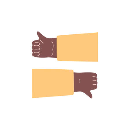Brown skin color hand gestures - like and dislike isolated on white. Flat vector illustration in cartoon style.のイラスト素材