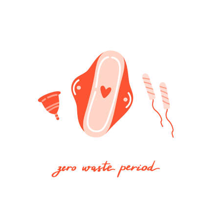 Set of hand drawn reusable menstrual hygiene products and lettering isolated on white background - sanitary pad, menstrual cup, tampons. Zero waste period concept. Flat cartoon vector illustration.のイラスト素材