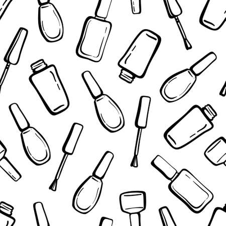 Black and white seamless pattern with nail polish bottles and brushes. Hand drawn vector illustration.のイラスト素材