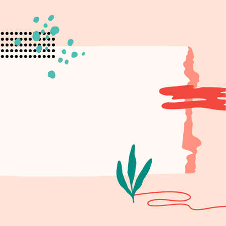 Abstract background with leaf, dots, spots, brush stroke, torn edge paper. Square format, copy space. Contemporary collage. Flat vector illustration.のイラスト素材