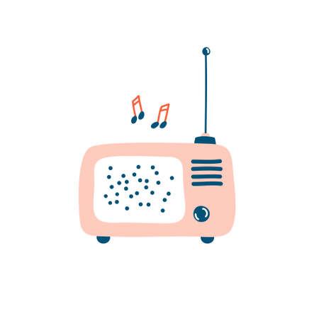 Colorful retro radio isolated on white. Flat cartoon vector illustration. Hand drawn icon, decorative element, sticker, label.のイラスト素材
