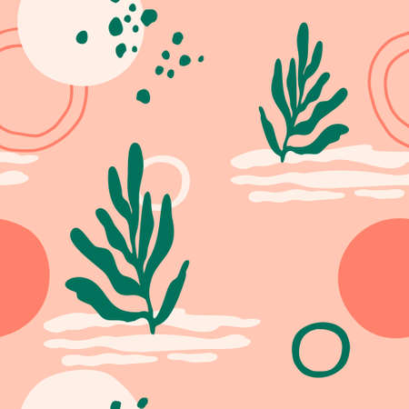Modern abstract seamless pattern on colorful background. Leaves, spots, circles, various shapes....