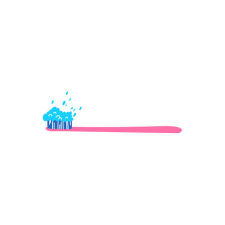 Colorful tooth brush with tooth paste and abstract elements isolated on white background. Hand drawn vector illustration in cartoon style. Healthy teeth, tooth decay prevention concept. Decorative design element.のイラスト素材