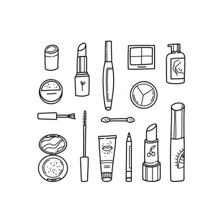 Set of black contour make up products isolated on white. Cosmetics - lipstick, eye shadow, pencil, mascara, blush, cream. Hand drawn vector illustration.のイラスト素材