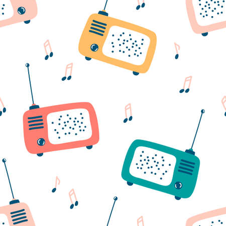 Cartoon retro radio, musical note seamless pattern on white background. Hand drawn flat vector illustration in cartoon style.のイラスト素材