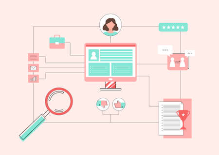 Female employee evaluation, CV review, job candidate resume analyzing, personal information resume concept in flat style. Vector illustration. Staffing decisions, searching professional staff concept for websites, web design, presentation.のイラスト素材