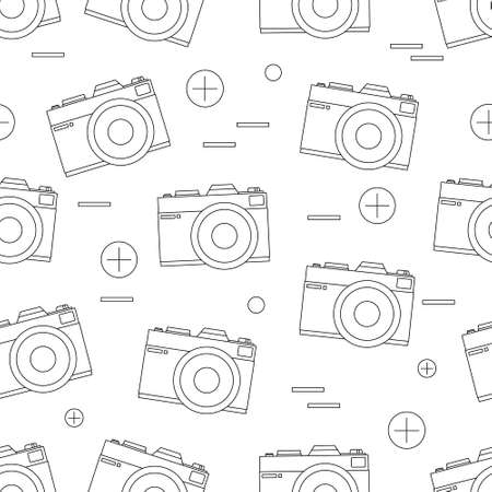 Photocamera pattern on white background. Seamless pattern with photocamera, focus and abstract elements. Black and white vector illustration.のイラスト素材