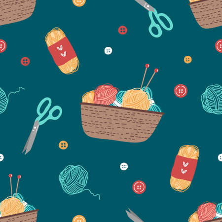 Different balls of yarn, thread seamless pattern colorful background. Knitting needles, scissors, buttons. Flat vector illustration in cartoon style.のイラスト素材