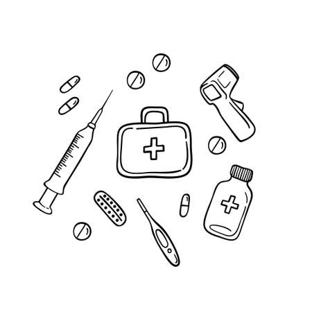 Black contour first aid kit elements isolated on white - pills, capsules, thermometer, bottle, syringe. Hand drawn decorative medical elements. Treatment, health care concept.のイラスト素材