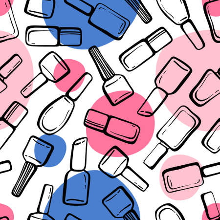 Contour nail polish bottles and colorful spots seamless pattern on white background. Vector illustration.のイラスト素材