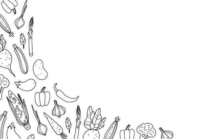 Hand drawn vegetables on white copy space background. Corn, beet, cucumber, carrot, onion, garlic, pepper, asparagus, eggplant, zucchini. Vector illustration.のイラスト素材