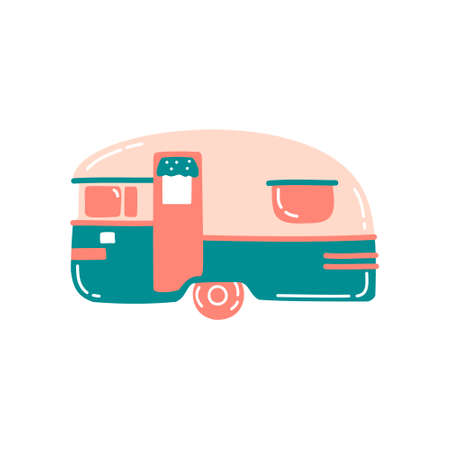 Cute hand drawn camping trailer, mobile home isolated on white. Tourism, summer, travelling concept. Hand drawn flat vector illustration in cartoon style.のイラスト素材