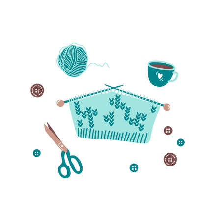 Set of decorative elements for knitting design isolated on white - knitted fabric, ball of yarn, scissors, buttons, cup of coffee or tea. Flat vector illustration in cartoon style.のイラスト素材