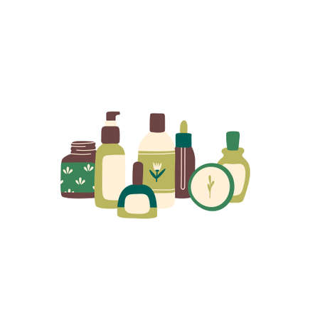 Decorative composition with organic cosmetic and hygiene products in bottles and jars flat cartoon vector illustration isolated on white background.のイラスト素材