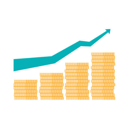Stacks of coins graph and upward arrow isolated on white. Success, strategy, goal achievement. Colorful flat vector illustration.のイラスト素材