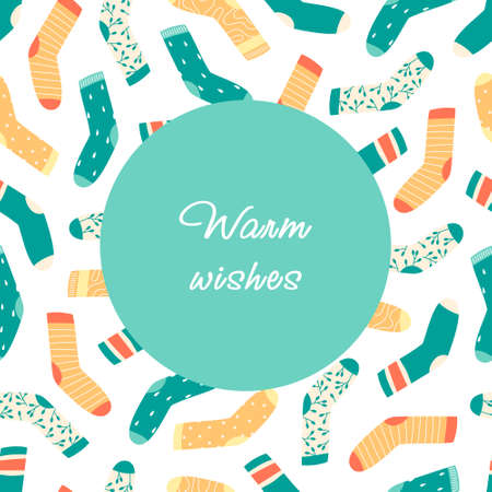 Socks label or card template on white. Circle with text. Warm wishes quote. Flat vector illustration in cartoon style.のイラスト素材