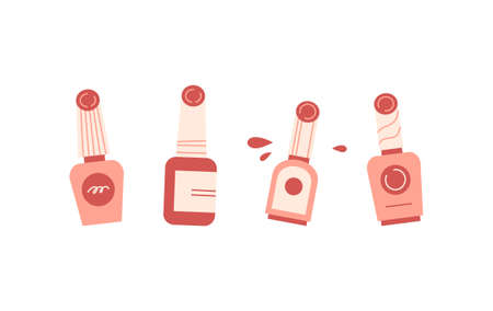 Different colorful nail polish bottles and splashes isolated on white. Flat cartoon vector illustration.のイラスト素材