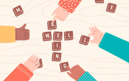 Group of people playing board game, hands collecting words from game pieces on wooden table. Well being, home activity or friendship concept. Flat cartoon vector illustration.のイラスト素材