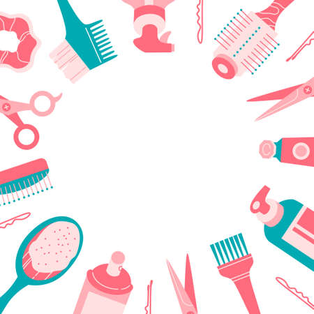 Hairdresser tools and accessories round frame on white. Place for text, free space. Flat vector illustration in cartoon style.のイラスト素材