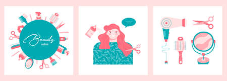 Set of three card with young woman, hair care tools, hygiene products. Hairdresser elements design. Flat vector illustration in cartoon style.のイラスト素材