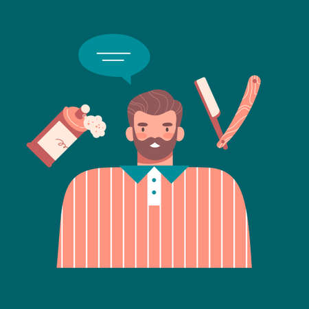 Man with beard at barbershop, hairdresser on dark blue green background. Straight razor, shaving foam, speech bubble. Colorful flat cartoon vector illustration.のイラスト素材