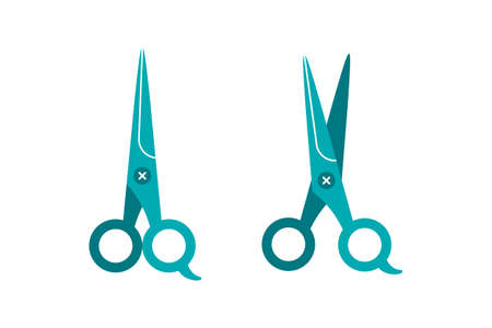 Set of two professional hair scissors in open and closed position isolated on white. Flat cartoon vector illustration.のイラスト素材