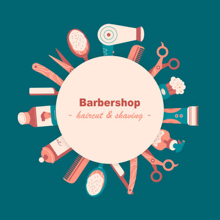 Label or card with colorful barber tools, hygiene products for hair. Round composition with circle, text in the middle. Place for text. Flat vector illustration in cartoon style.のイラスト素材