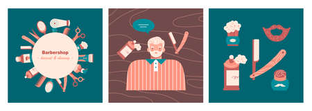 Set of three card with old man, barber tools, hygiene products. Barbershop elements design. Flat...