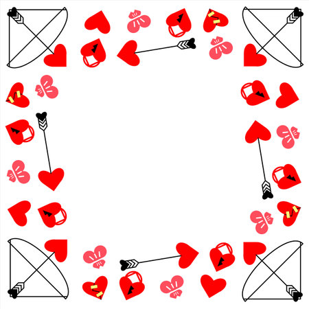 Frame for text. Hearts, bows and arrows, kisses and free space. Frame for congratulations, vector graphics.のイラスト素材