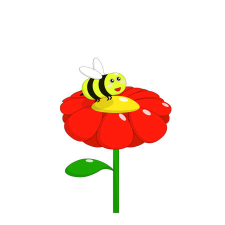 Spring single red flower and bee on a white background, isolateのイラスト素材