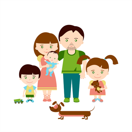 Happy cartoon family. Mother, father, son, daughter, baby and dog dachshund. Characters on a white background. Vector illustrationのイラスト素材
